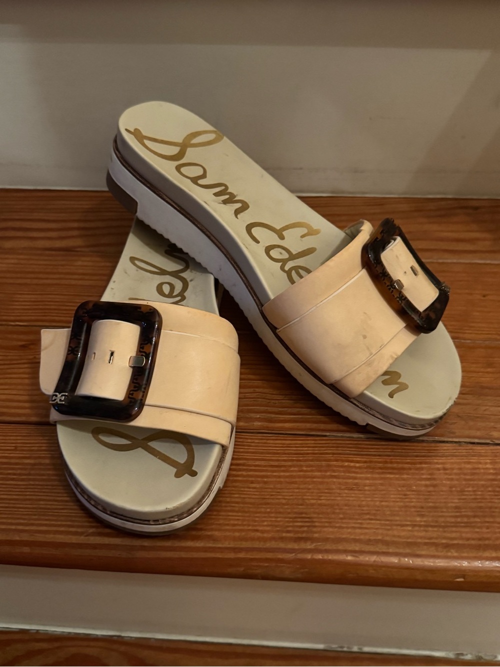 Sam Edelman Cream Slide Sandals with Tortoiseshell Accent Buckle - Picture 6 of 10